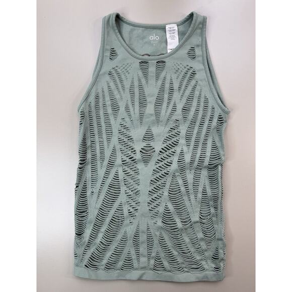 ALO Tops - Alo Yoga Vixen Tank Top Womens Med Green Laser Cutout Stretchy Workout Gym Run